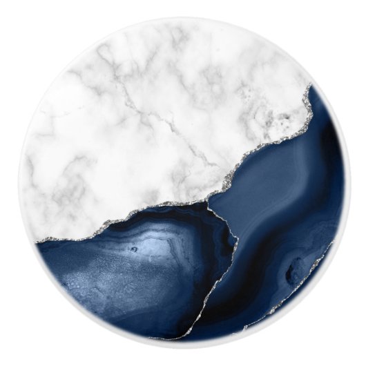 White marble Navy Blue Agate Silver Glitter Keramische Knop (Voorkant)