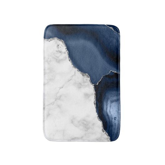 White marble Navy Blue Agate Silver Glitter Small Badmat (Voorkant Verticaal)