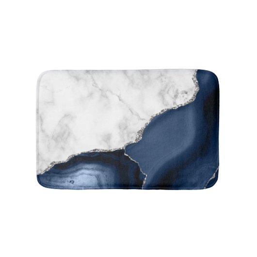 White marble Navy Blue Agate Silver Glitter Small Badmat (Voorkant)