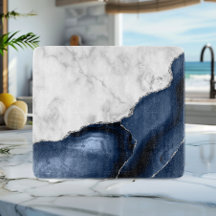 White marble Navy Blue Agate Silver Glitter