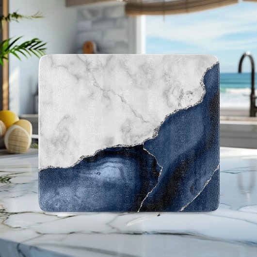 White marble Navy Blue Agate Silver Glitter Snijplank