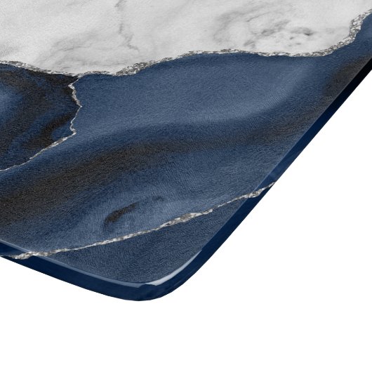 White marble Navy Blue Agate Silver Glitter Snijplank (Hoek)