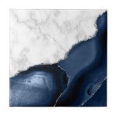 White marble Navy Blue Agate Silver Glitter Tegeltje (Voorkant)