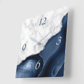 White marble Navy Blue Agate Silver Glitter Vierkante Klok (Hoek)