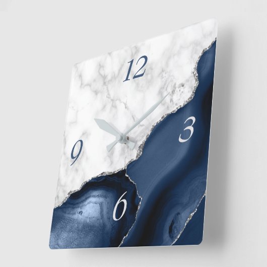 White marble Navy Blue Agate Silver Glitter Vierkante Klok (Hoek)
