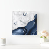 White marble Navy Blue Agate Silver Glitter Vierkante Klok (Huis)
