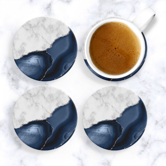 White marble Navy Blue Agate Silver Glitter Zandsteen Onderzetter