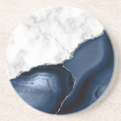 White marble Navy Blue Agate Silver Glitter Zandsteen Onderzetter (Voorkant)