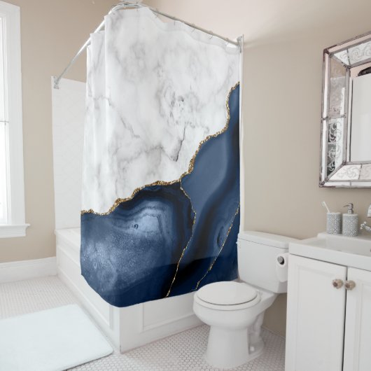 White marble Navy Blue Gold Agate Douchegordijn (In situ)