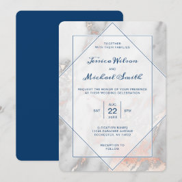 White marble Navy Blue Roos Gold Elegant Wedding Kaart