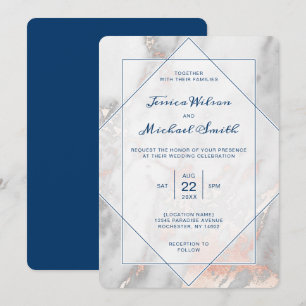White marble Navy Blue Roos Gold Elegant Wedding Kaart