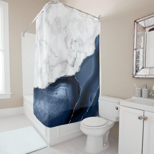 White marble Navy Blue Silver Agate Douchegordijn (In situ)