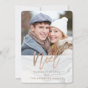 White Marble Noel Holiday Photo Card in Bronze Feestdagenkaart