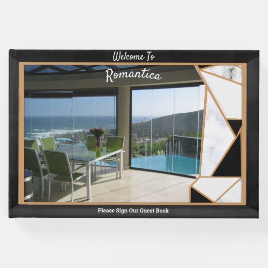 White marble Offset met Onyx Black abstract Gastenboek (Voorkant)