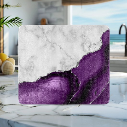 White Marble Paars Agate Silver Glitter Snijplank