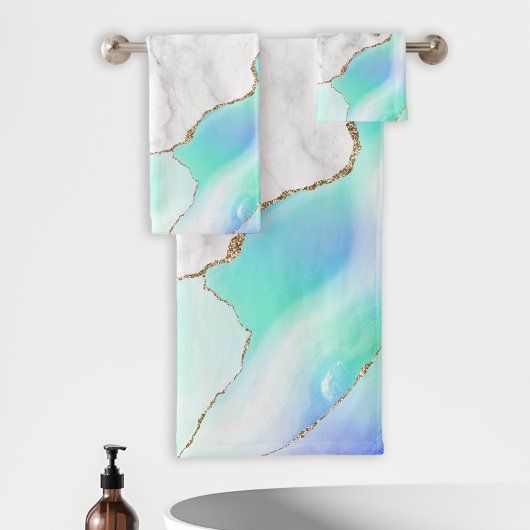 White marble Paars Green Blue Agate Gold Glitter Bad Handdoek