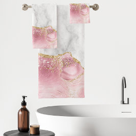 White marble Pastel Roze Agate Gold Glitter Bad Handdoek