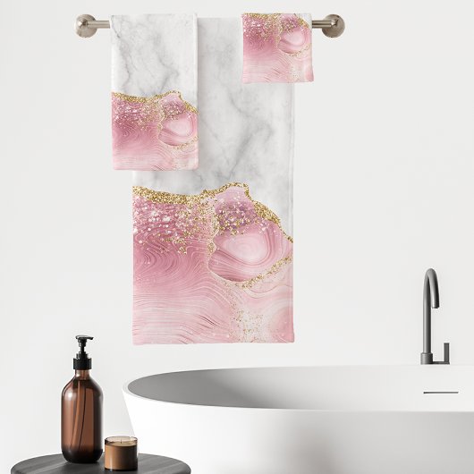 White marble Pastel Roze Agate Gold Glitter Bad Handdoek