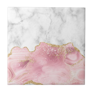 White marble Pastel Roze Agate Gold Glitter Tegeltje