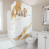 White marble Pattern Monogram Elegant Script Name Douchegordijn (In situ)