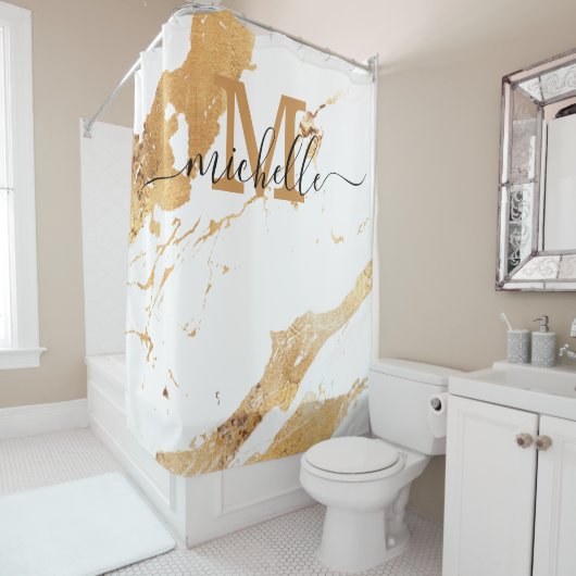 White marble Pattern Monogram Elegant Script Name Douchegordijn (In situ)