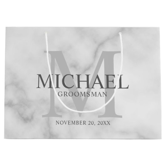 White Marble Personalized Groomsmen Groot Cadeauzakje (Voorkant)
