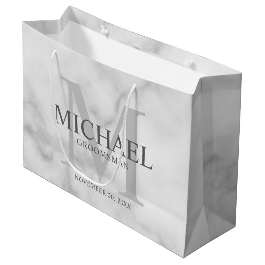 White Marble Personalized Groomsmen Groot Cadeauzakje (Voorkant Gekanteld)