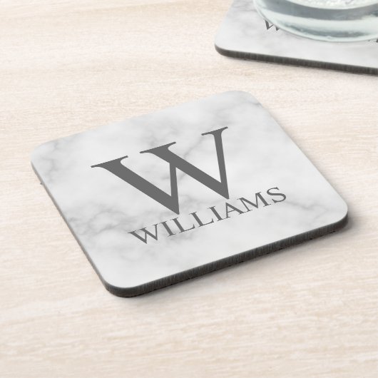 White Marble Persoonlijke Monogram en Naam Bier Onderzetter (Linkerzijde)