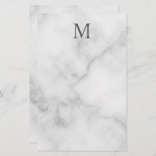 White Marble Persoonlijke Monogram en Naam Briefpapier (Voorkant / Achterkant)