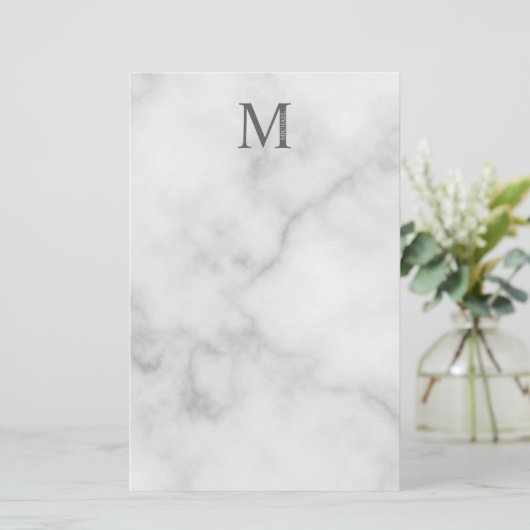 White Marble Persoonlijke Monogram en Naam Briefpapier (Staand voorkant)