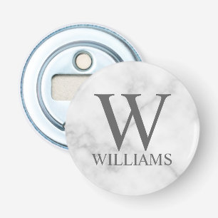White Marble Persoonlijke Monogram en Naam Button Flesopener