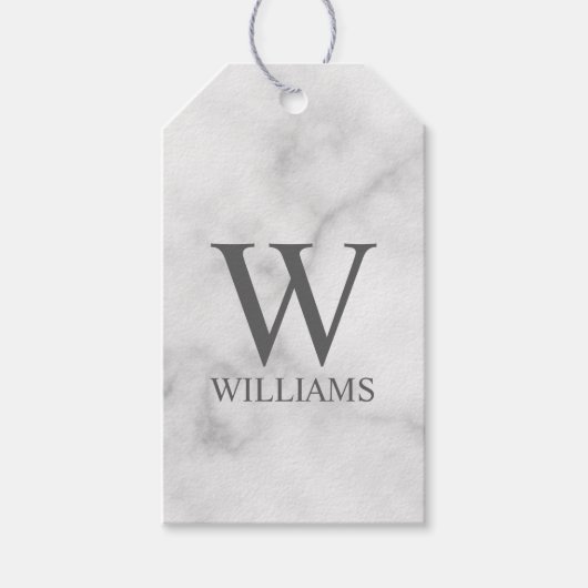 White Marble Persoonlijke Monogram en Naam Cadeaulabel (Voorkant)