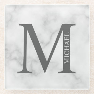 White Marble Persoonlijke Monogram en Naam Glazen Onderzetter