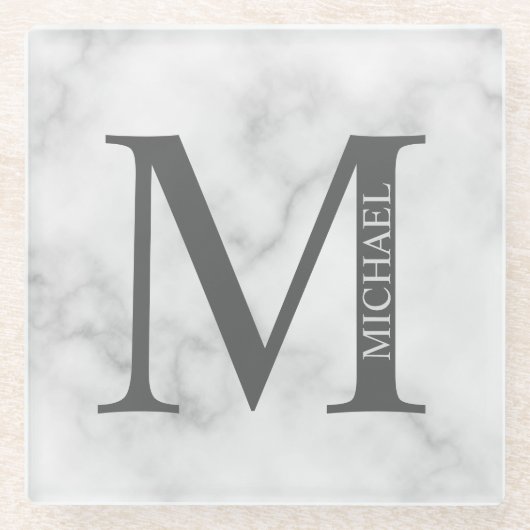 White Marble Persoonlijke Monogram en Naam Glazen Onderzetter (Voorkant)