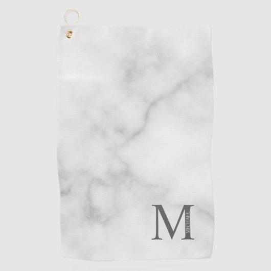 White Marble Persoonlijke Monogram en Naam Golfhanddoek (Voorkant)