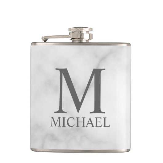 White Marble Persoonlijke Monogram en Naam Heupfles (Voorkant)