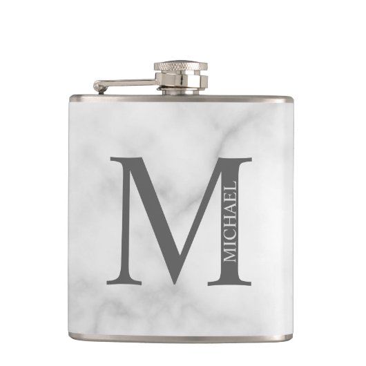 White Marble Persoonlijke Monogram en Naam Heupfles (Voorkant)