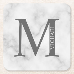 White Marble Persoonlijke Monogram en Naam Kartonnen Onderzetters