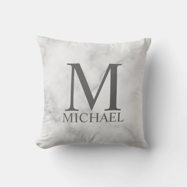 White Marble Persoonlijke Monogram en Naam Kussen (Voorkant)