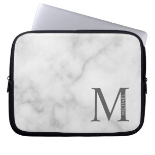 White Marble Persoonlijke Monogram en Naam Laptop Sleeve