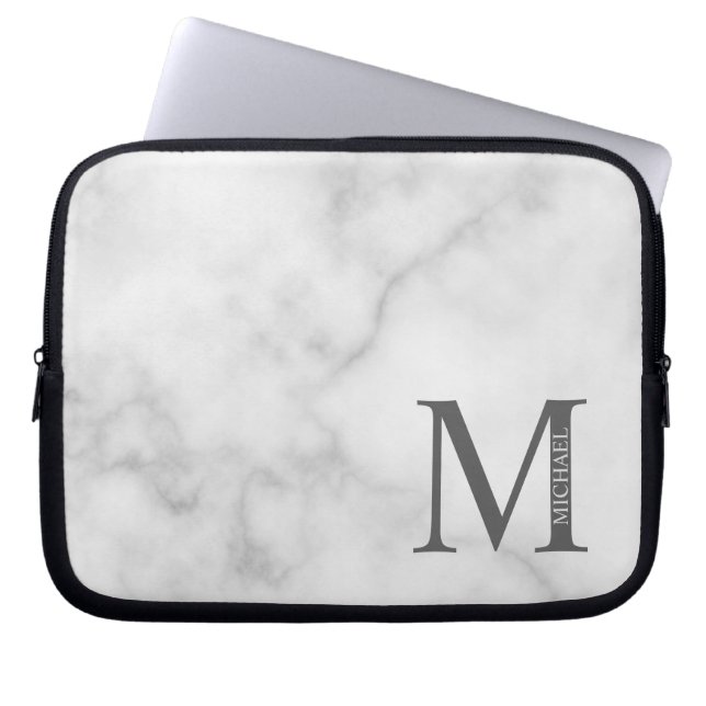 White Marble Persoonlijke Monogram en Naam Laptop Sleeve (Voorkant)