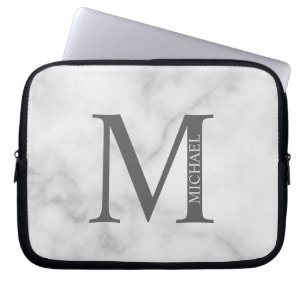 White Marble Persoonlijke Monogram en Naam Laptop Sleeve