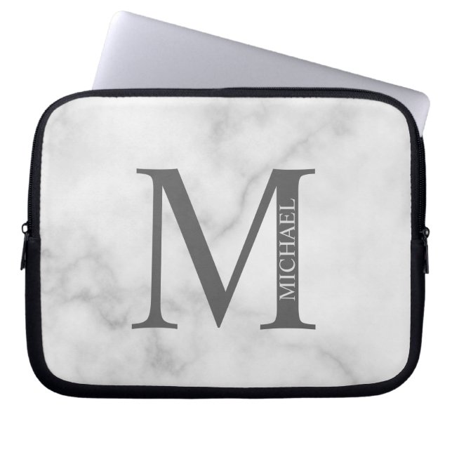 White Marble Persoonlijke Monogram en Naam Laptop Sleeve (Voorkant)