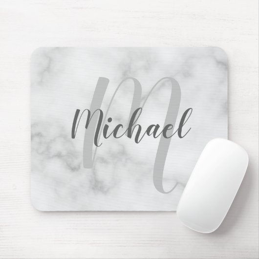 White Marble Persoonlijke Monogram en Naam Muismat (Met muis)