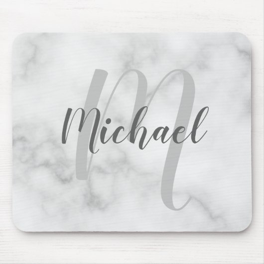 White Marble Persoonlijke Monogram en Naam Muismat (Voorkant)