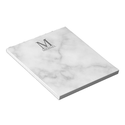 White Marble Persoonlijke Monogram en Naam Notitieblok (Schuin)