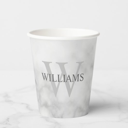 White Marble Persoonlijke Monogram en Naam Papieren Bekers (Voorkant)
