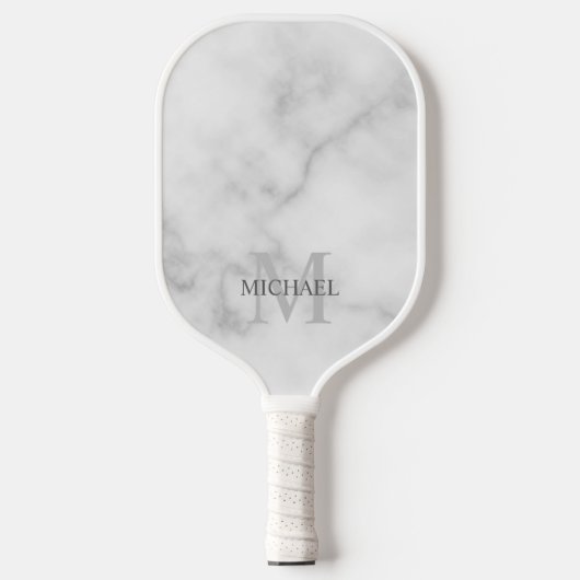 White Marble Persoonlijke Monogram en Naam Pickleball Paddle (Voorkant)