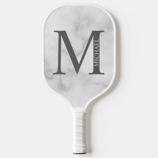 White Marble Persoonlijke Monogram en Naam Pickleball Paddle (Voorkant)