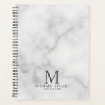 White Marble Persoonlijke Monogram en Naam Planner<br><div class="desc">De professionele planner kenmerkt douanemonogram,  naam en tekst in grijze klassieke serif doopvontstijl op witte marmer achtergrond.</div>